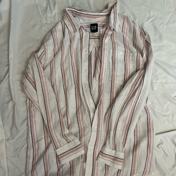GAP Tops - GAP Women's Striped Button Down Shirt - White, Pink, and Gray